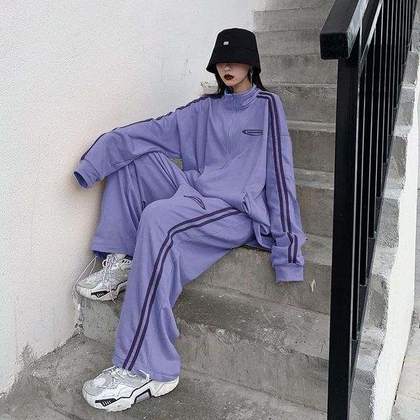 

women's two piece pants spring and autumn sportswear suit purple fashion pure cotton casual men women hip-hop two-piece, White