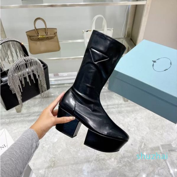 

leather platform boots side zipper closure 29 cm boot leg 70 mm leather-covered heel, Black