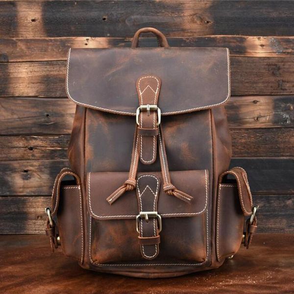 

backpack crazy horse leather men genuine travel real rucksack vintage school