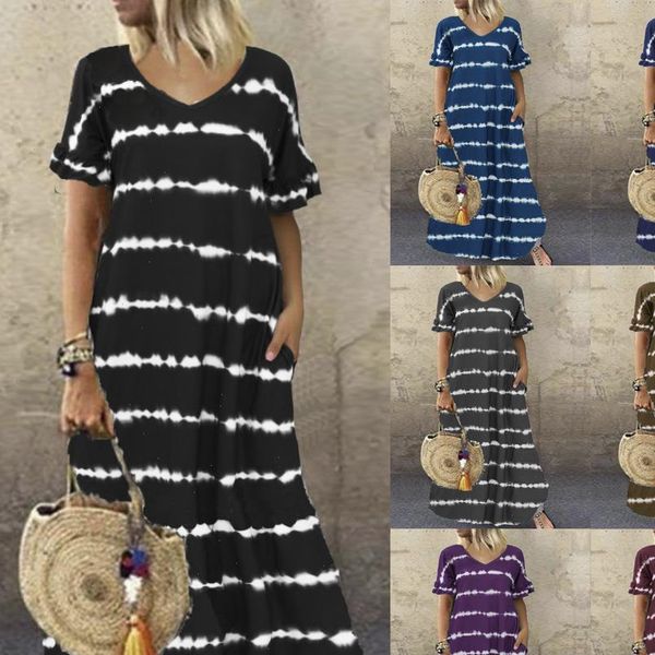 

white womens dresses striped printed loose women robe summer dress short sleeve v neck big swing long pocket plus size, Black;gray