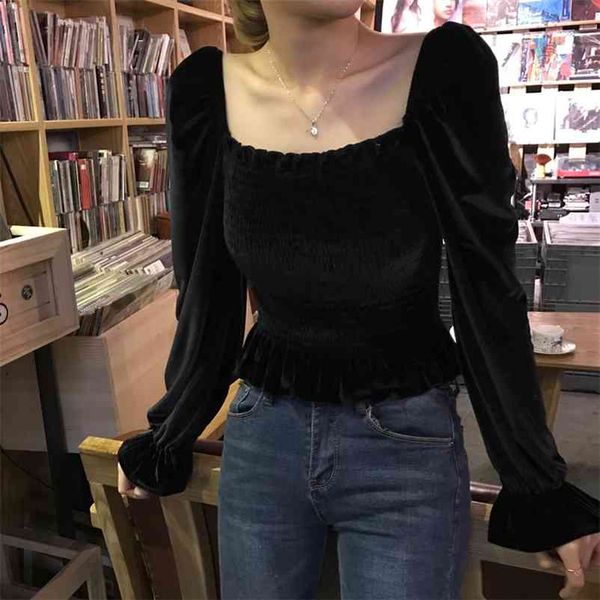 

gaganight black autumn winter fashion women short blouse velvet long sleeves square collar korean shirt office lady vintage 210401, White