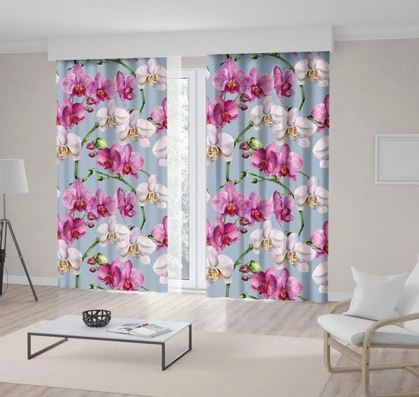 

curtain & drapes white pink orchid flowers green stems floral pattern watercolor artwork printed