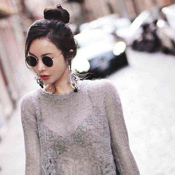 

See Through Women Womens Sweater Thin Pullover Autumn Korean Solid Basic Knitted Female Hollow Out Knitwear SA171S50, White;black