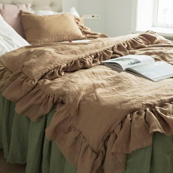 

bedding sets light luxury natural linen flounced four piece pure color sheet pillow case quilt cover set for home