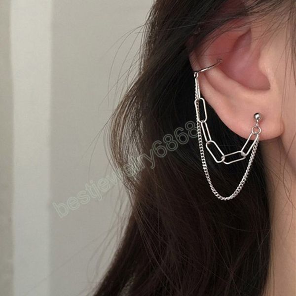 

ear clip long tassel earrings for women silver korean ear cuff punk metal chain earring fashion earbone clips jewelry gift