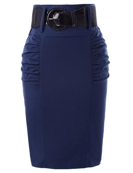 

pleated solid skirts womens shirred stretch pencil skirt office work wear ladies business high waist knee sashes belt ol, Black