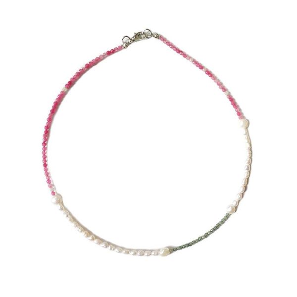 

chokers handmade small oval freshwater pearl necklace rose red stone green stitching ladies exquisite charm jewelry couple gift, Golden;silver