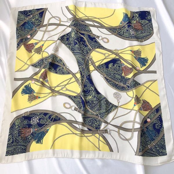 

scarves yishine 2021 70*70cm silk finish women brand scarf chain printing head wrap female foulard band, Blue;gray