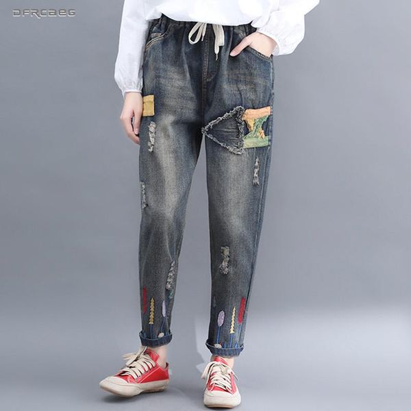 

plus size women denim harem pants with hole boyfriend jeans woman fashion 2021 spring retro loose trousers female 3xl women's, Blue
