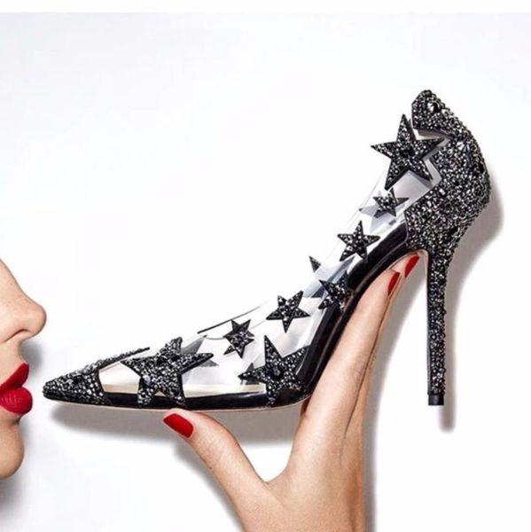 

est wedding heels pointed toe crystal emebllished woman high five-pointed stars rhinestones dress shoe shoes, Black