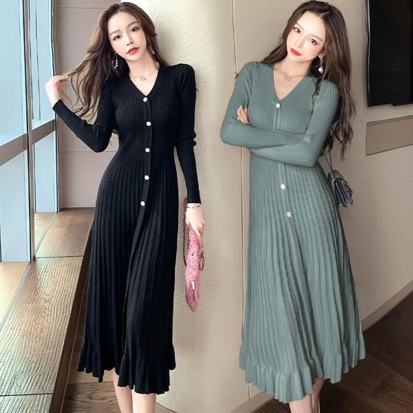 

casual dresses 2021 korean style elegant v-neck knit dress women long sleeve single-breasted slim sweater party vestidos, Black;gray