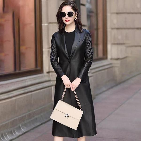 

women's leather & faux women 's sheepskin long coat 2021 autumn fashion slim fit temperament trench, Black
