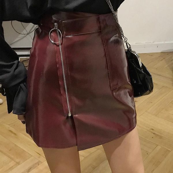 

skirts lychee girls solid color women mini pu zipper ring empire waist female spring summer short club pencil skirt, Black