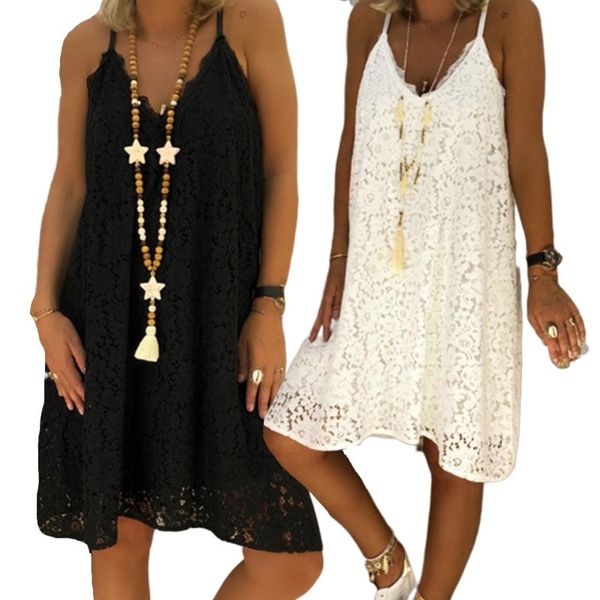 

hollow lace sleeveless casual v neck dress suspender sukienka summer dresses robe femme ete 2021 beach women plus size 5xl kleid, Black;gray