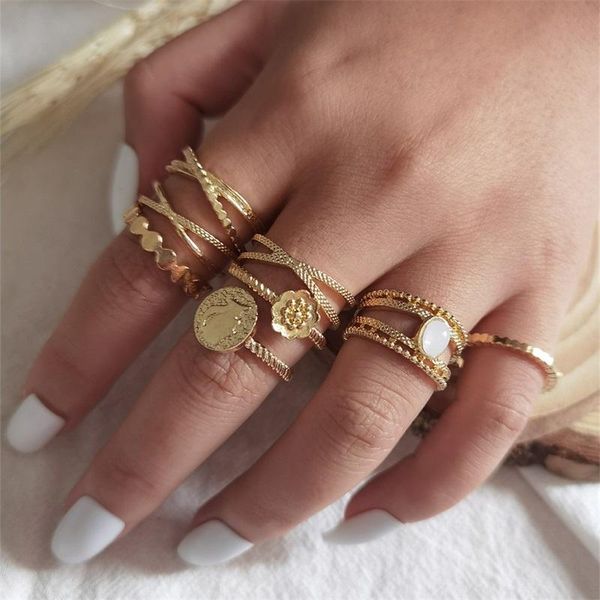

cluster rings 8 pcs/set fashion set women creative flowers cross geometric irregular gems ring ladies party wedding jewelry gifts, Golden;silver
