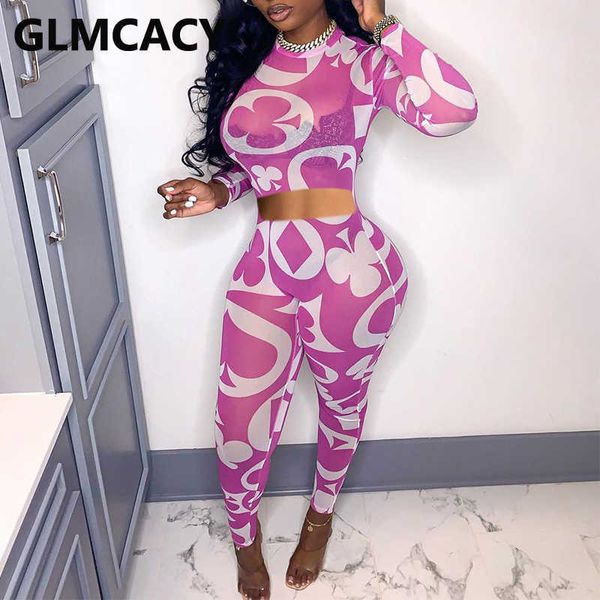 

two pieces sets women long sleeve printed t-shirt & bodycon pants 210702, White