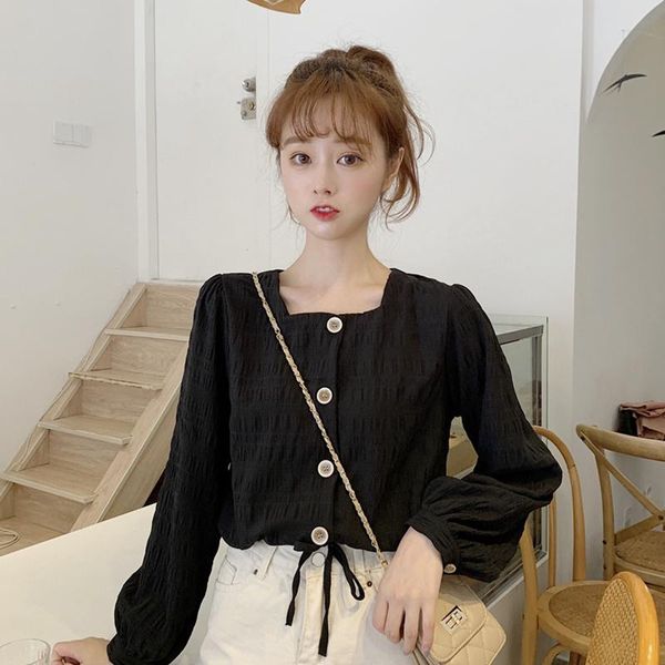 

women's blouses & shirts short collar bone bubble sleeve square design feeling 2021 spring and autumn french black long shi, White