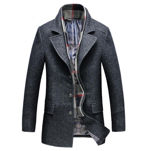 

men's wool & blends winter trench coat men thick jacket detachable scarf casual woolen grey long male outerwear, Black