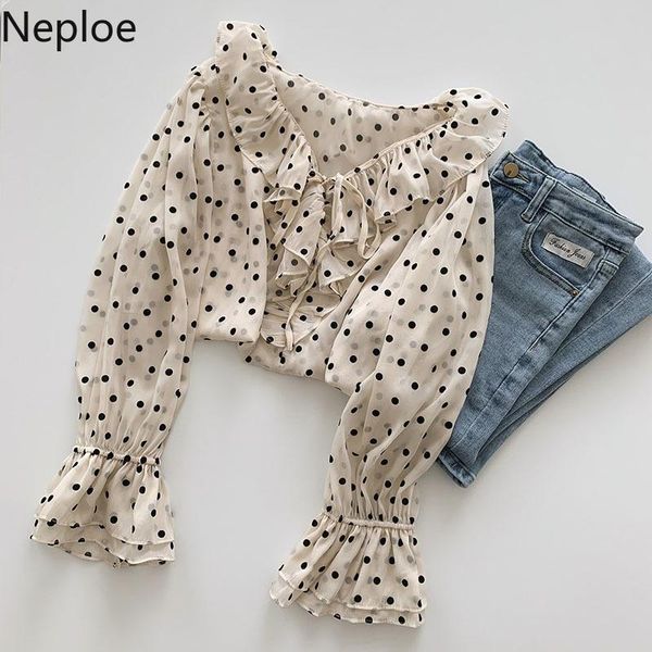

women's blouses & shirts neploe korean temperament shirt women summer chic v neck ruffle fashion chiffon blouse flare long sleeve elega, White