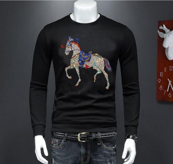 

men's hoodies & sweatshirts 2021 men long sleeve casual male rhinestones horse slim fit homme hoody, Black
