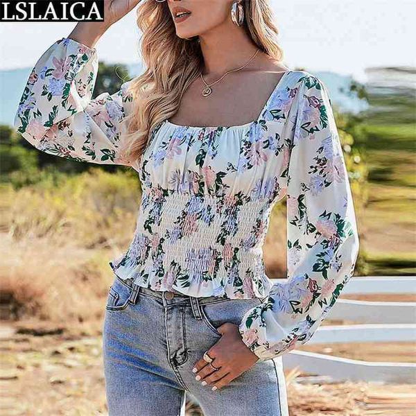 

floral printing women's blouse long sleeve slim fashion casual womens clothes square collar small fresh style blusas mujer 210515, White