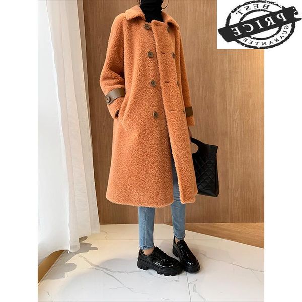 

women's fur & faux coat real female autumn winter clothes 2021 korean vintage long sheep shearing jacket women 100% wool hiver 1266, Black