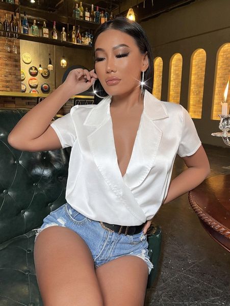 

sxy satin lapel neck blouse x0ic#, White