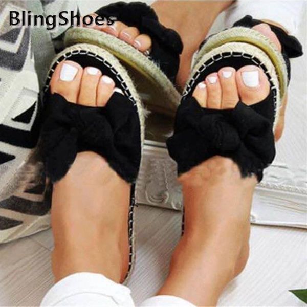 

women slippers summer casual beach linen female shoes butterfly knot flat slides ladies plus size 35-43, Black