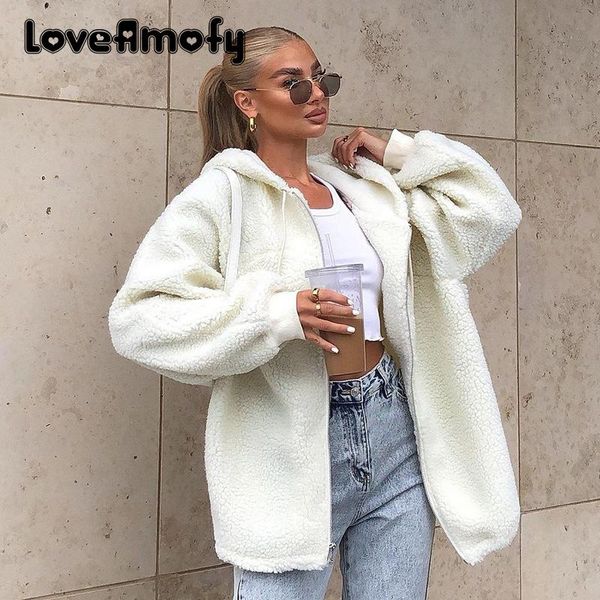 

women's wool & blends fashion lambs women coat polar fleece solid color zip-up hooded female loose style warm streetwear winter 2021, Black