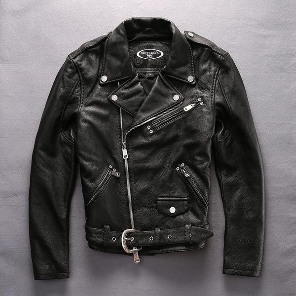 

men's leather & faux 2022 fashion brand motorcycle genuine jacket men rivet belt cowskin moto biker coat, Black