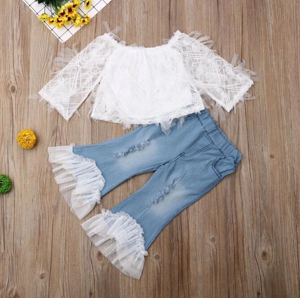 Kleinkind Baby Mädchen Kleidung Sets Schulterfrei Spitze Tüll Rüschen Tops Bell_Bottom Jeans Hosen 2 Stücke Outfits Kleidung Sommer