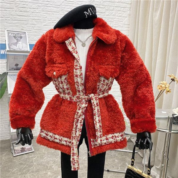 

women's wool & blends [ewq] fashion 2021 red plush spliced tweed overcoat women autumn winter loose lapel zipper thickened warm coat fe, Black