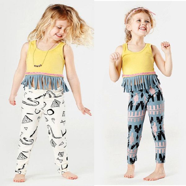 

children summer vest set girls' navel t-shirt tassel trousers two piece, White