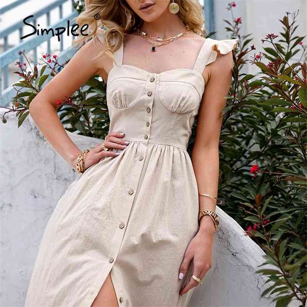 

simplee cotton sleeveless square neck women dress maxi summer spaghetti strap a-line sundress casual button ruffle vestidos 210331, Black;gray
