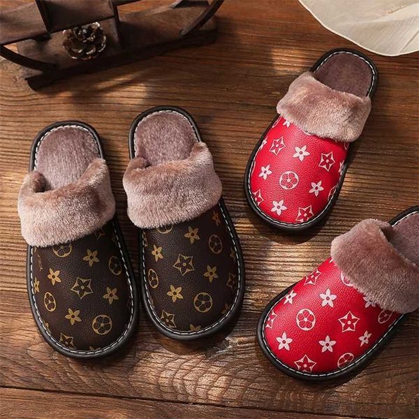 

waterproof leather slippers men indoor shoes home soft bottom footwear non-slip winter warm plush cotton women 211020, Black