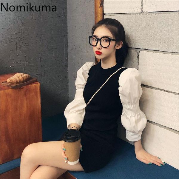 

nomikuma puff long sleeve patchwork knitted dresses korean o-neck slim stretch women dress 2021 autumn sweater vestidos 6c643 casual, Black;gray