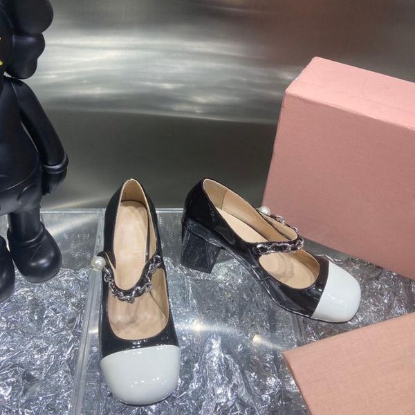 

round toe women pumps sweet color matching shoes patent leather high heels chain decor for dress pink, Black