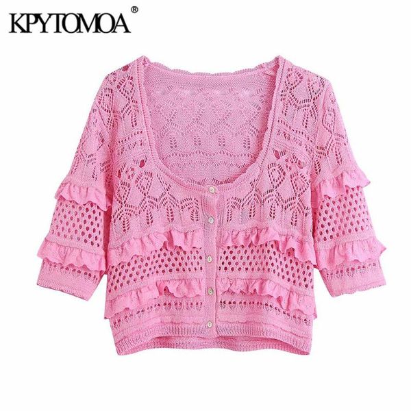 

women's knits & tees kpytomoa women fashion hollow out embroidery ruffled crop knit cardigan sweater vintage short sleeve female outerw, White