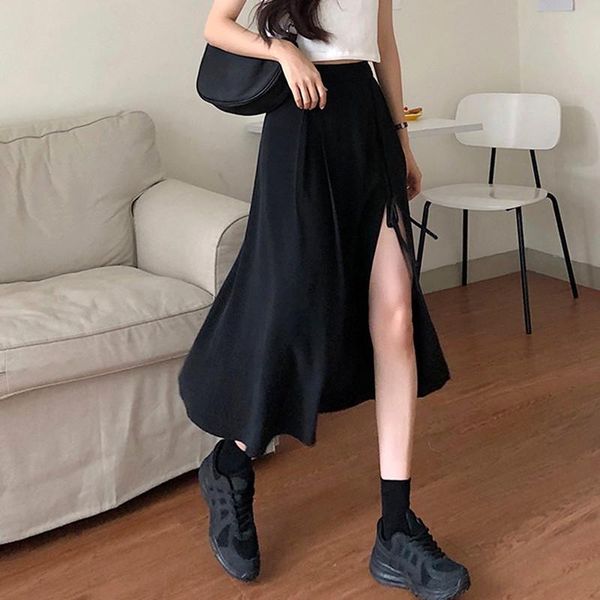 

skirts 2021 design black mid-length skirt women summer high waist long irregular split