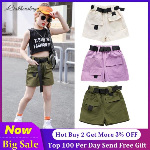 

fashion summer shorts for teenage girls high waist denim with belt cute kids clothes teenagers student 3-12 year, Black