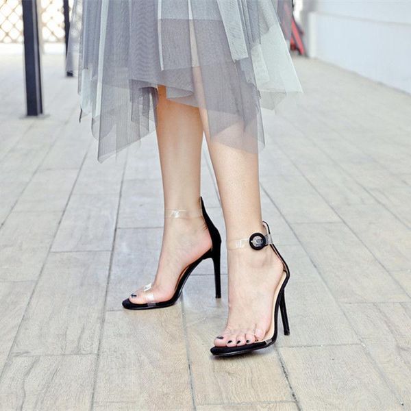 

dress shoes europe the united states 2021 transparent open toe buckle high heel sandals female stiletto black princess small fresh
