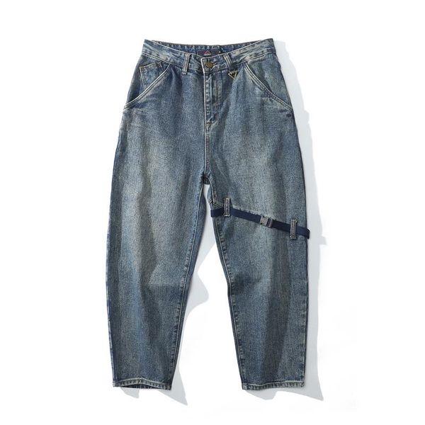 

men's jeans hip hop oversize for men button pockets 2021 spring denim blue patchwork fashion long pants high street