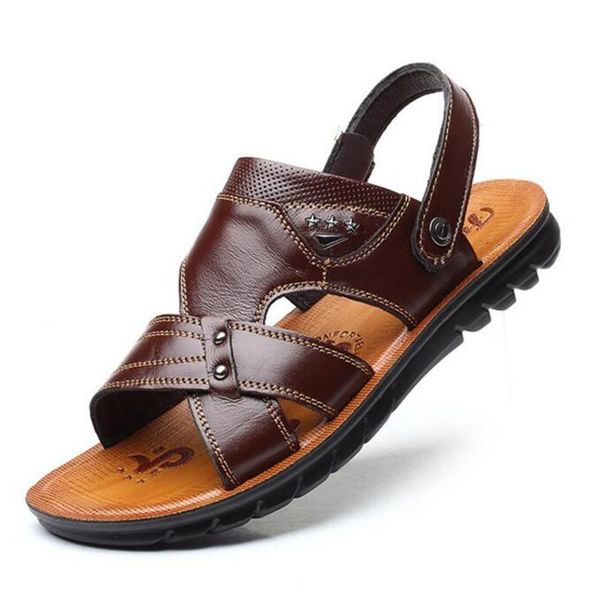 

sandals leather 2021 summer first layer beach shoes men's and slippers, Black