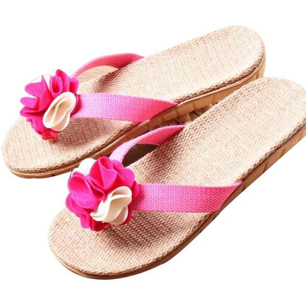 

women's flat sandals outdoor flower linen flip flops indoor non-slip home flax slippers women slides house shoes, Black