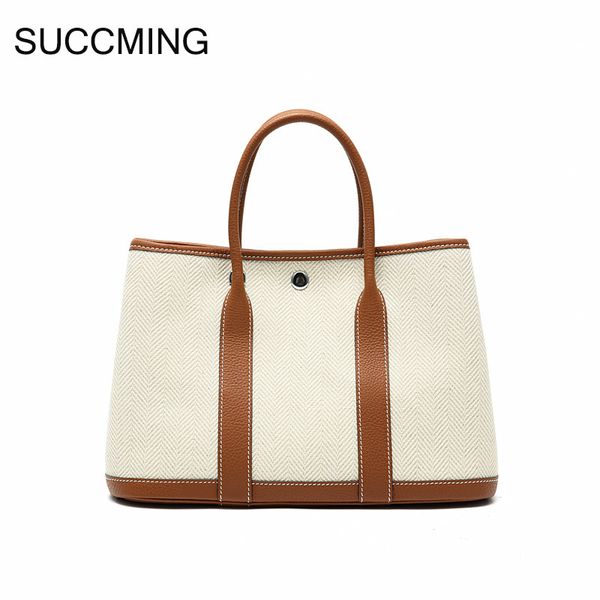 

h family large capacity canvas garden splicing contrast leather layer cowhide portable one shoulder bucket tote women's bag