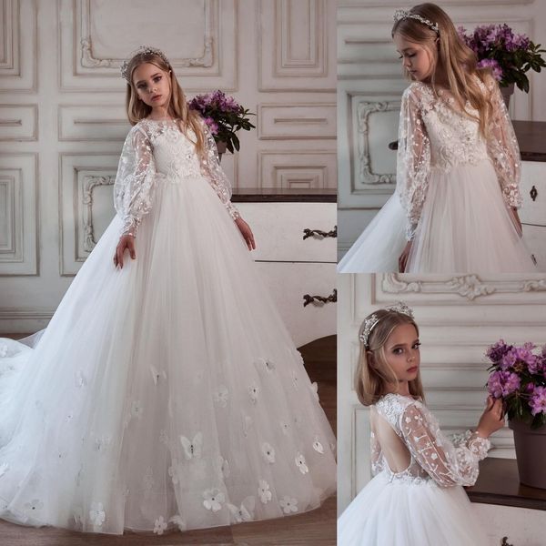 

fashion a line backless flower girl dresses for wedding long sleeves beaded toddler 3d appliqued pageant gowns tulle sequined first communio, White;blue