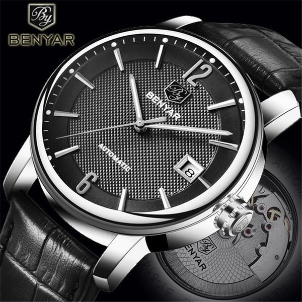 

benyar brand 2021 new casual fashion men leather watches business automatic mechanical sports relogio masculino, Slivery;brown