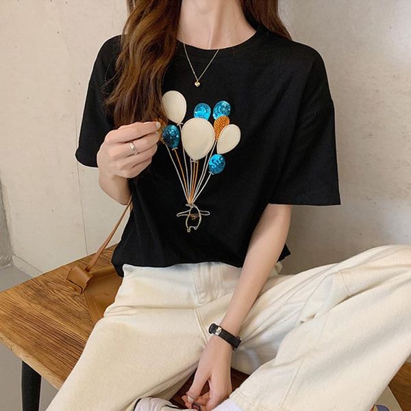 

cotton long tshirt women fashion 2021 summer short-sleeve o-neck casual black loose basic embroidery sequin white tees y2k women's t-s