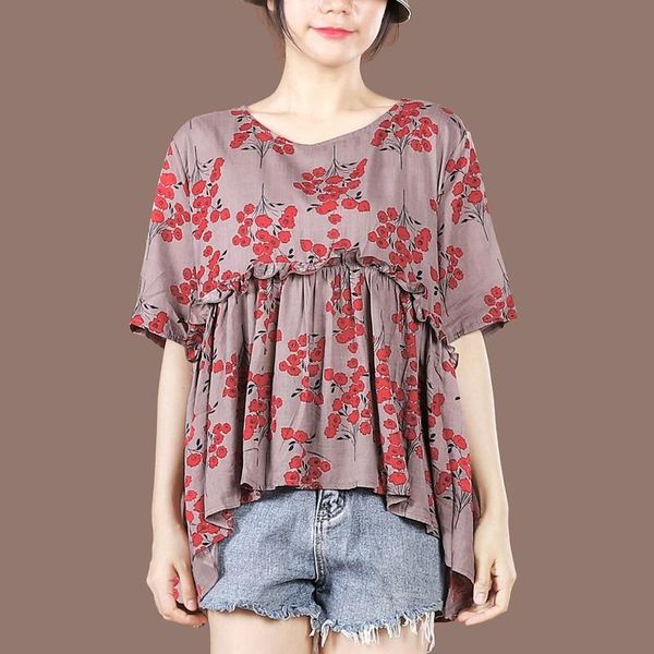 

women's t-shirt oversized women cotton linen casual t-shirts 2021 summer vintage style v-neck floral print loose female tees s3985, White