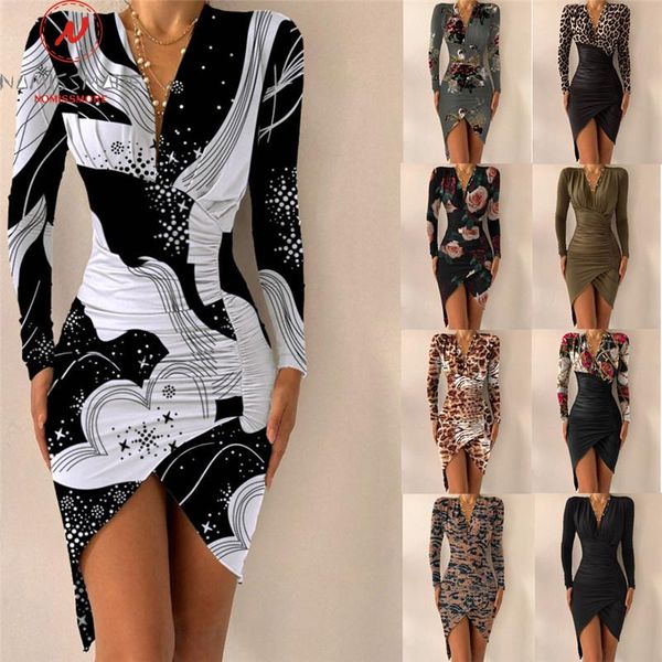 

casual dresses fashion women solid color/leopard flower print pencil dress shrinkage design v-neck long sleeve mid waist autumn slim hips, Black;gray